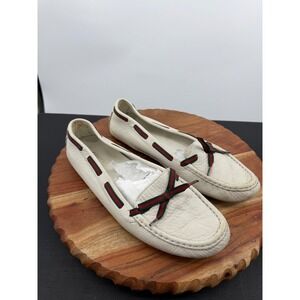 Gucci Web Stripe Moccasin Loafers Women 9.5 White Leather Bow Driving Shoes